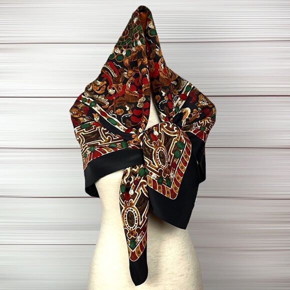 Shanghai SILK Large Silk Square Scarf Hand Rolled Black Multicolor - Picture 9 of 12